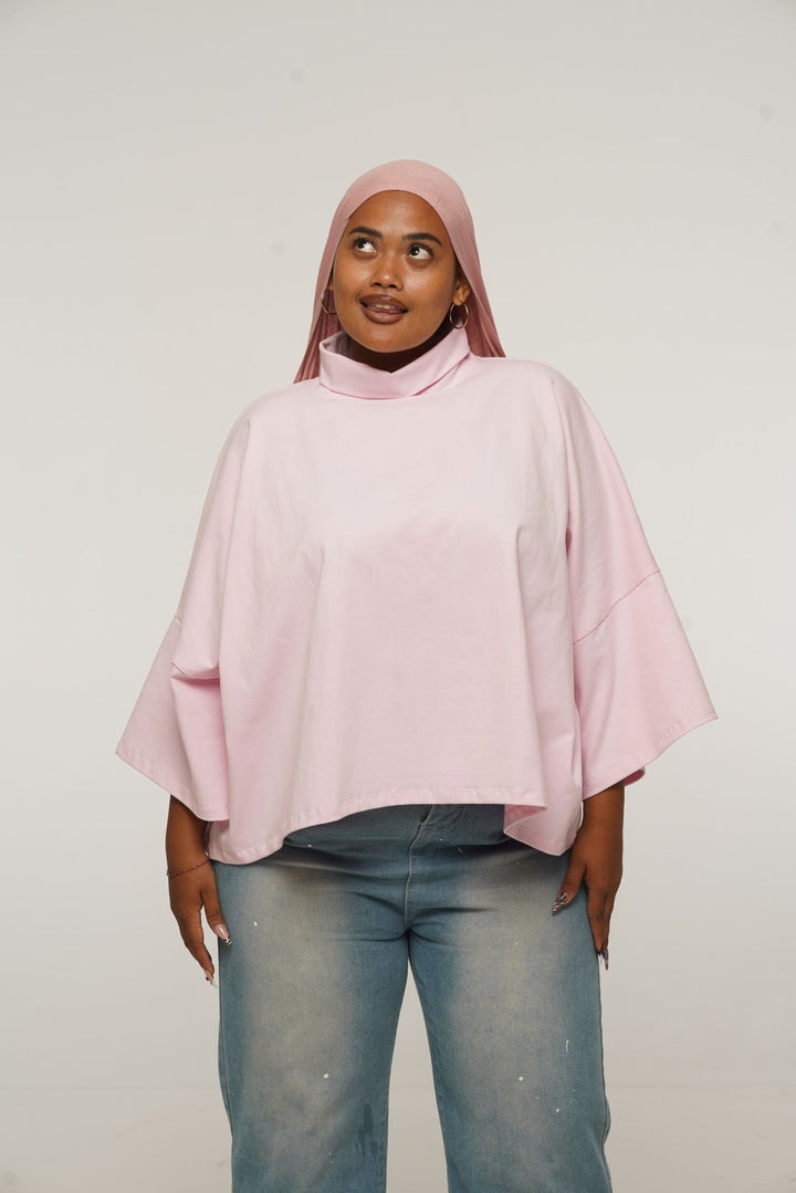 Funnel Neck Oversized Crop Tee in Pastel Pink - Manners London