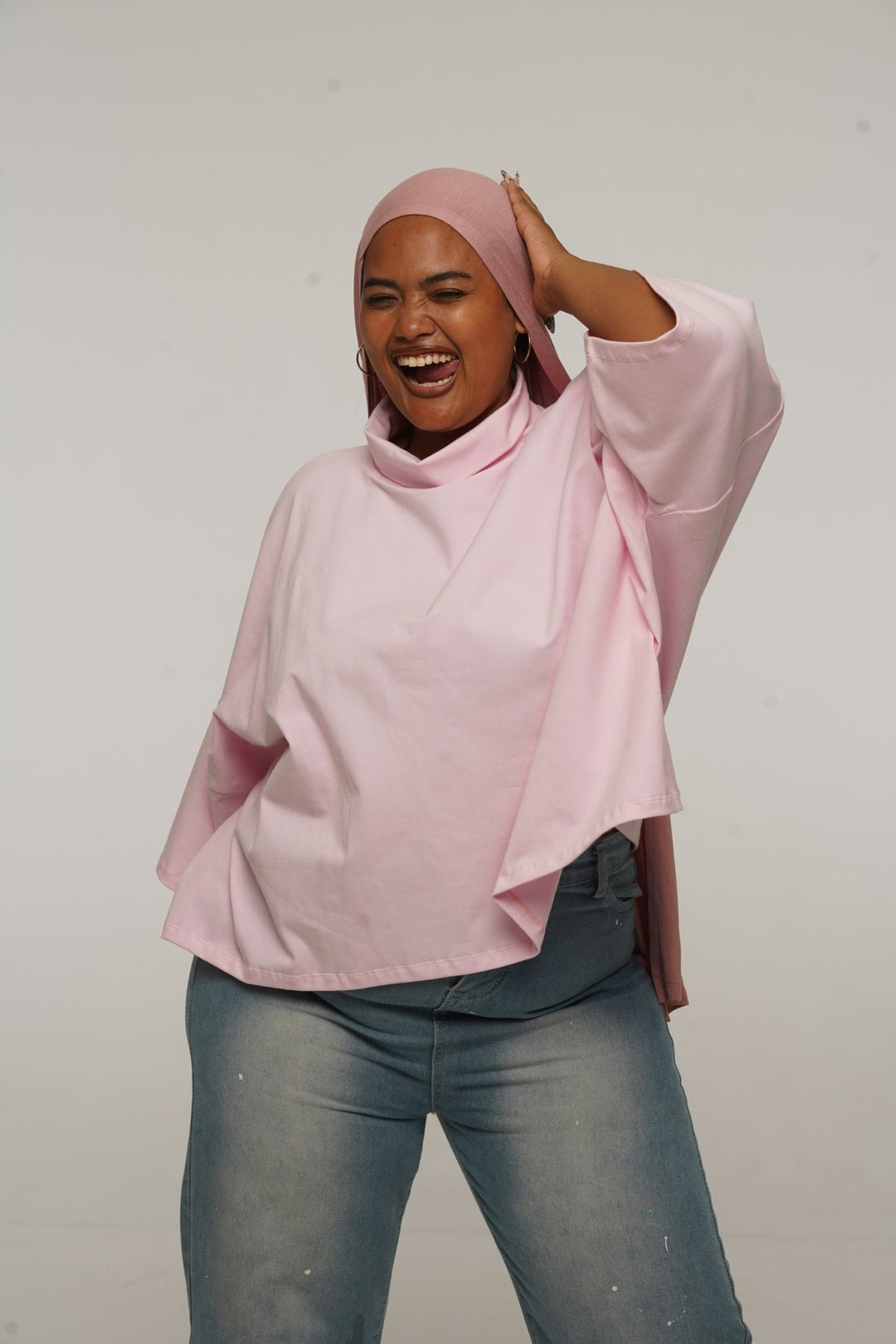 Funnel Neck Oversized Crop Tee in Pastel Pink - Manners London