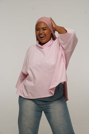 Funnel Neck Oversized Crop Tee in Pastel Pink - Manners London