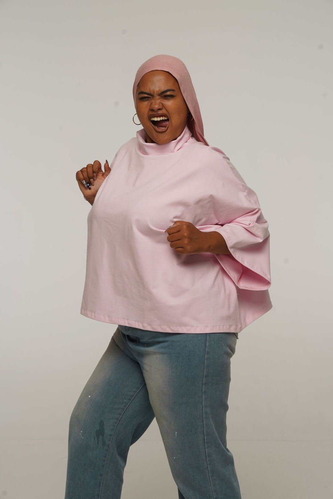 Funnel Neck Oversized Crop Tee in Pastel Pink - Manners London