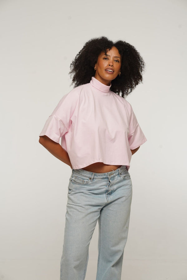 Funnel Neck Oversized Crop Tee in Pastel Pink - Manners London