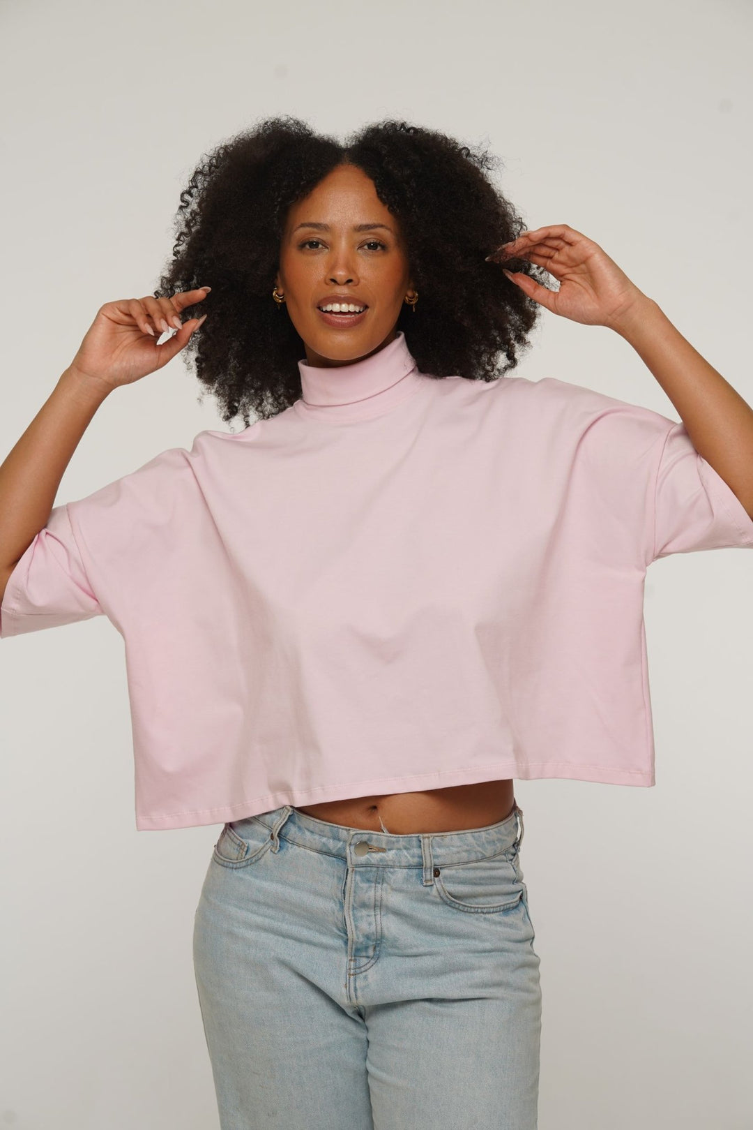 Funnel Neck Oversized Crop Tee in Pastel Pink - Manners London