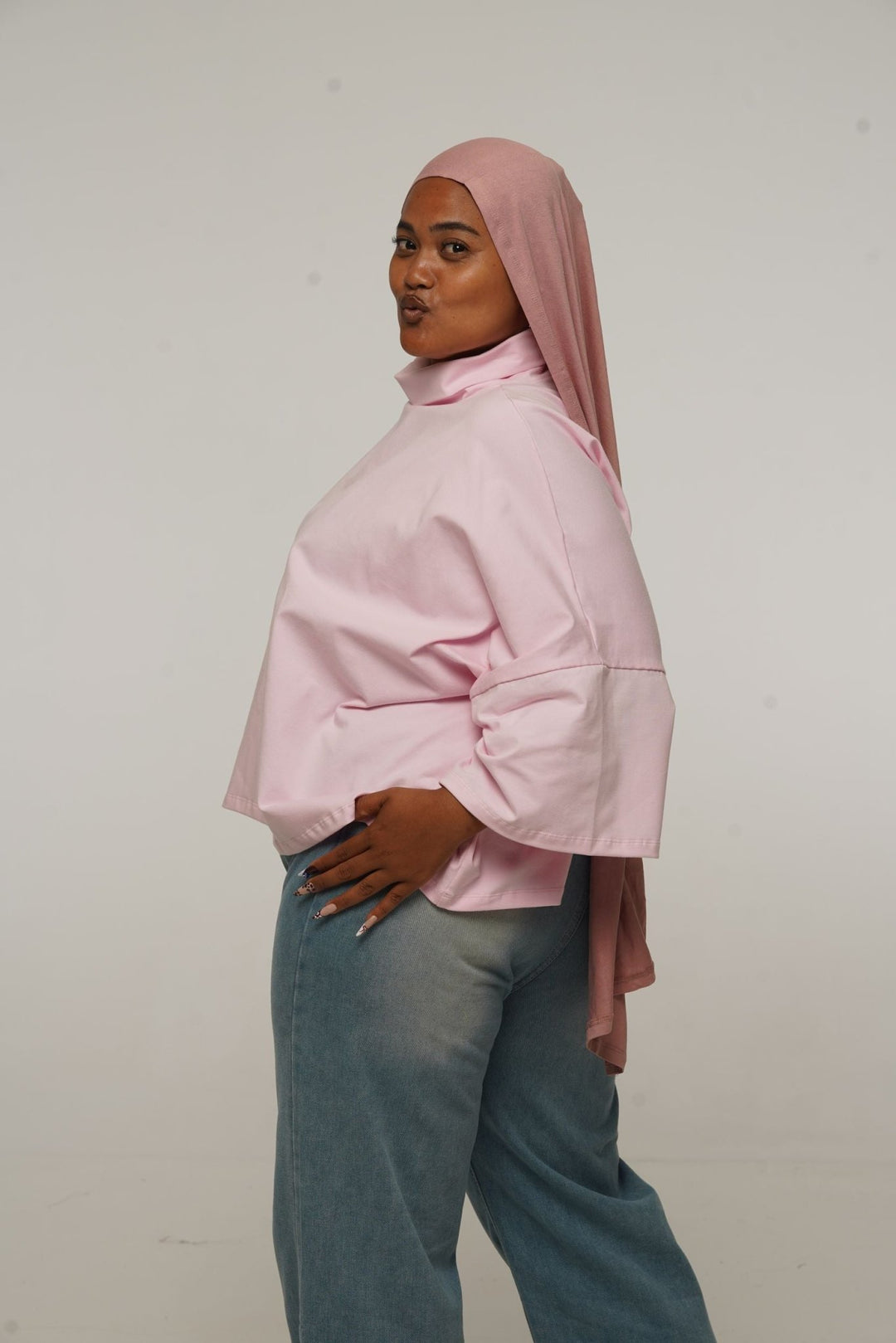 Funnel Neck Oversized Crop Tee in Pastel Pink - Manners London