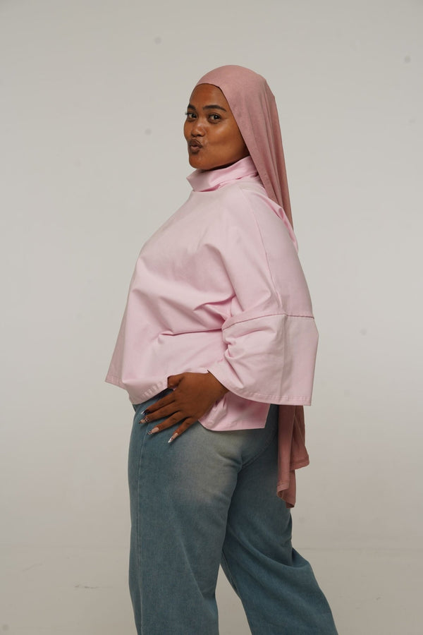 Funnel Neck Oversized Crop Tee in Pastel Pink - Manners London