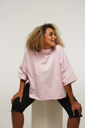 Funnel Neck Oversized Crop Tee in Pastel Pink - Manners London