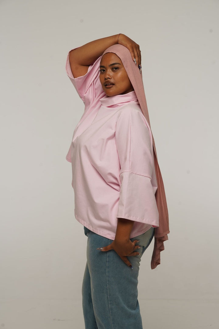 Funnel Neck Oversized Crop Tee in Pastel Pink - Manners London