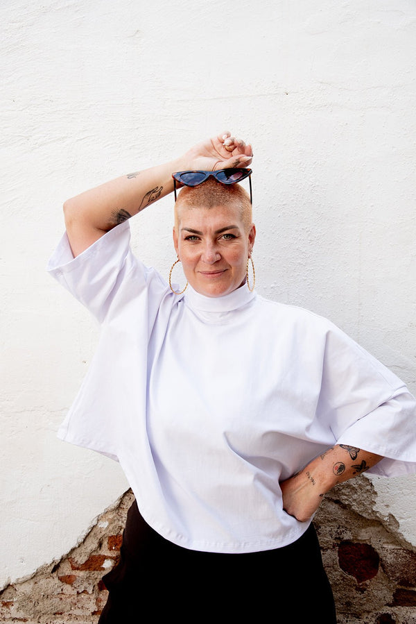 Funnel Neck Oversized Crop Tee in White - Manners London