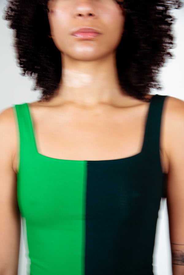 Half and Half Midi Dress Petite in Forest/Grass Greens - Manners London