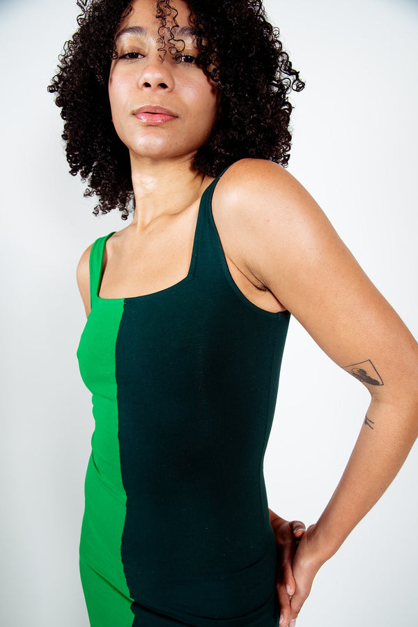 Half and Half Midi Dress Petite in Forest/Grass Greens - Manners London