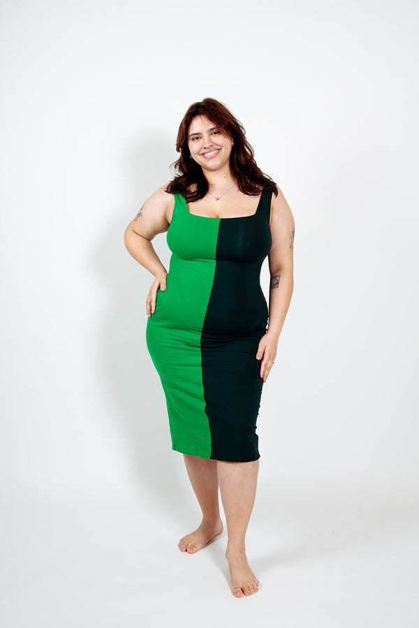 Half and Half Midi Dress Petite in Forest/Grass Greens - Manners London