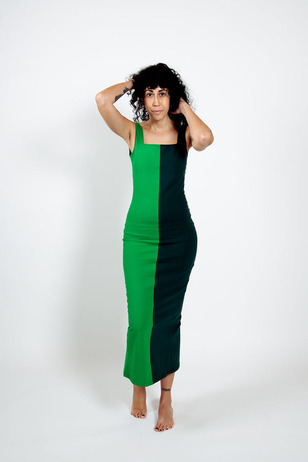Half and Half Midi Dress Petite in Forest/Grass Greens - Manners London