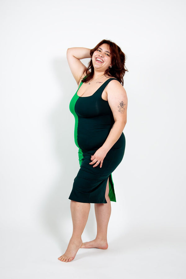 Half and Half Midi Dress Petite in Forest/Grass Greens - Manners London