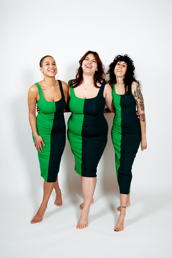 Half and Half Midi Dress Petite in Forest/Grass Greens - Manners London