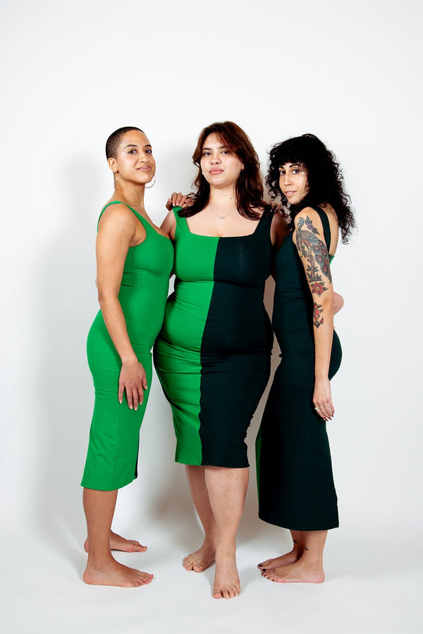 Half and Half Midi Dress Petite in Forest/Grass Greens - Manners London