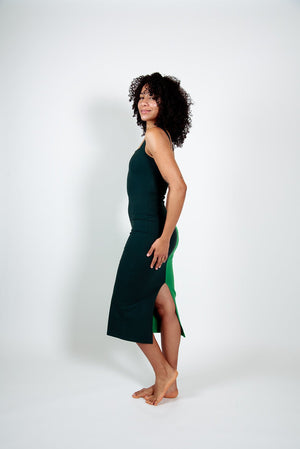 Half and Half Midi Dress Petite in Forest/Grass Greens - Manners London