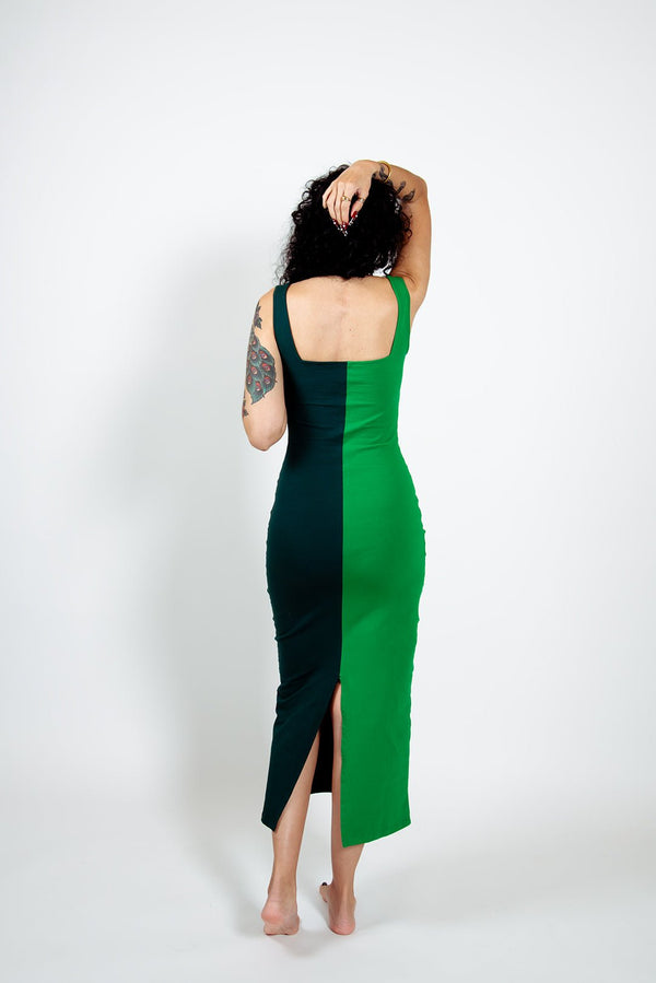 Half and Half Midi Dress Petite in Forest/Grass Greens - Manners London