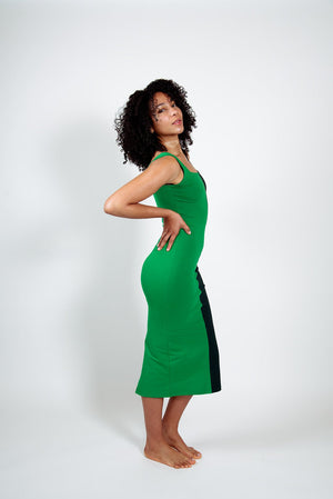 Half and Half Midi Dress Petite in Forest/Grass Greens - Manners London