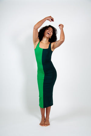 Half and Half Midi Dress Regular in Forest/Grass Greens - Manners London