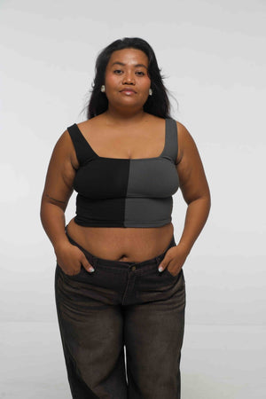 Half and Half New Square Neck Crop Top in Black/Grey - Manners London