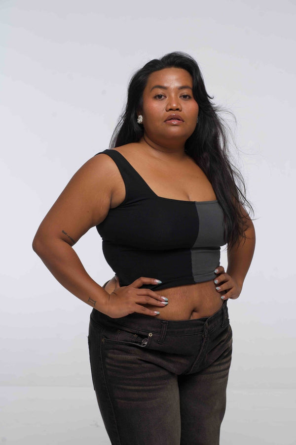 Half and Half New Square Neck Crop Top in Black/Grey - Manners London
