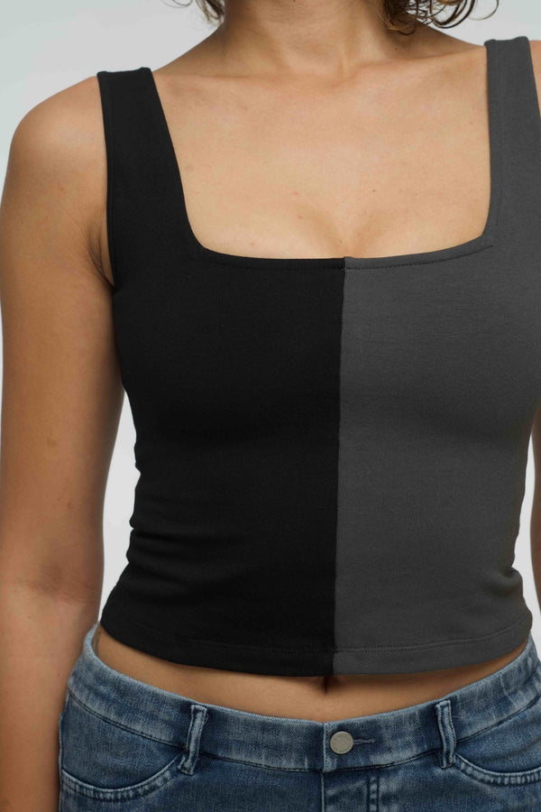 Half and Half New Square Neck Crop Top in Black/Grey - Manners London