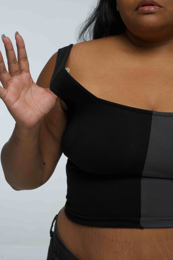 Half and Half New Square Neck Crop Top in Black/Grey - Manners London