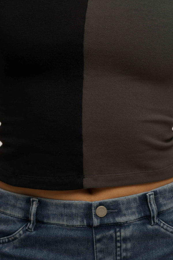 Half and Half New Square Neck Crop Top in Black/Grey - Manners London