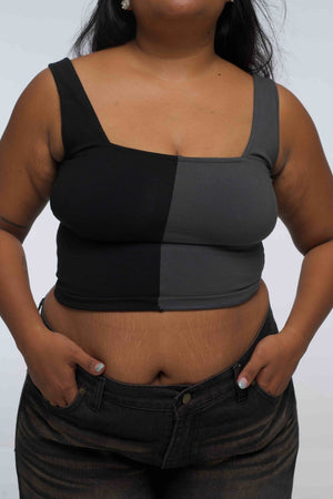 Half and Half New Square Neck Crop Top in Black/Grey - Manners London