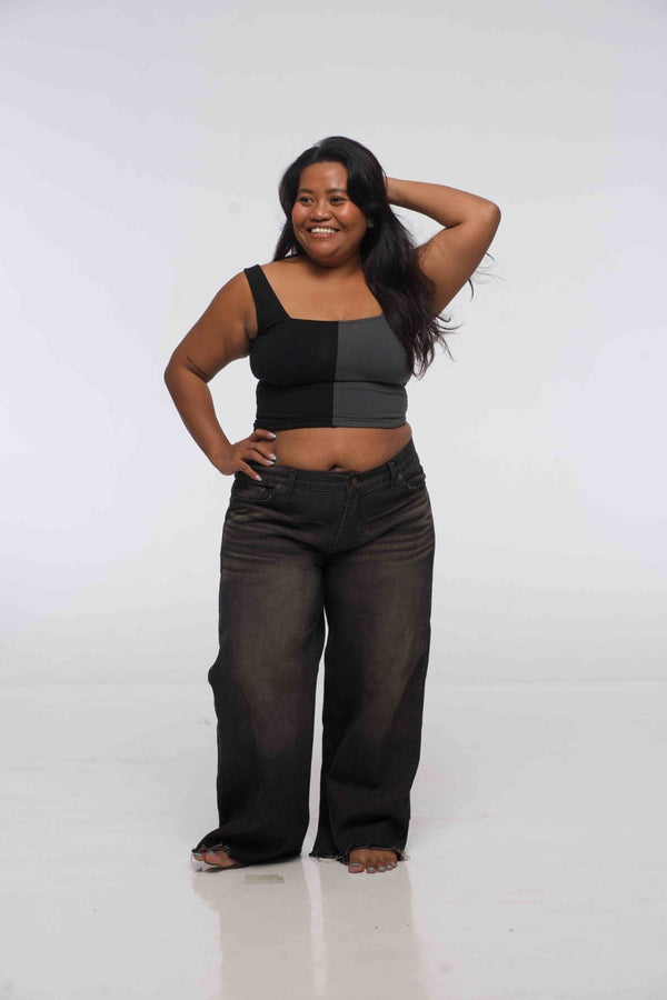 Half and Half New Square Neck Crop Top in Black/Grey - Manners London