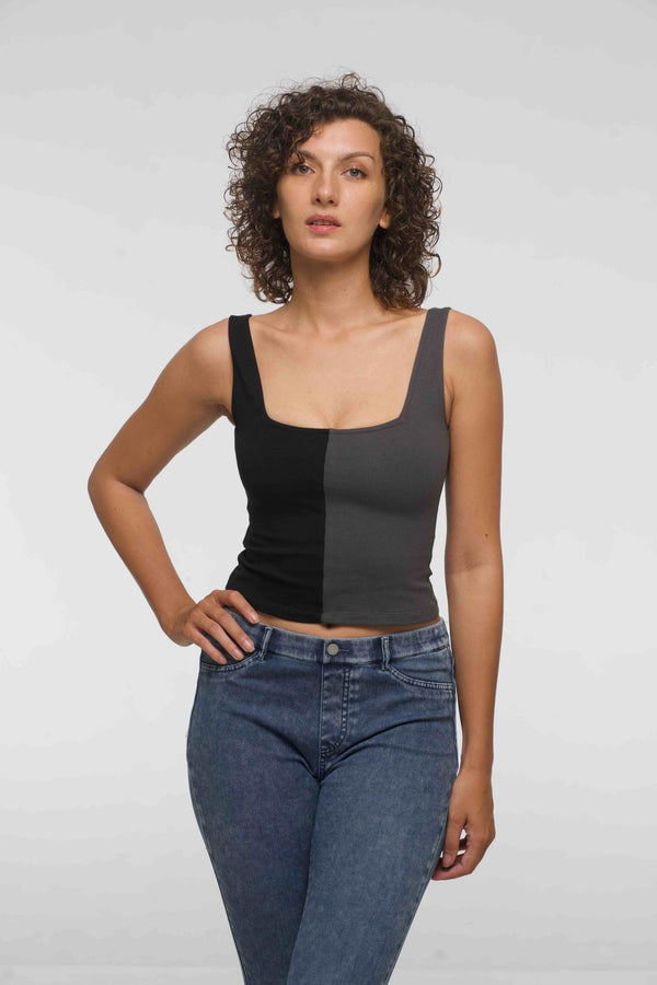 Half and Half New Square Neck Crop Top in Black/Grey - Manners London