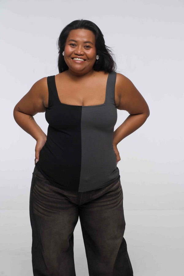 Half and Half New Square Neck Full Length Top in Black/Grey - Manners London