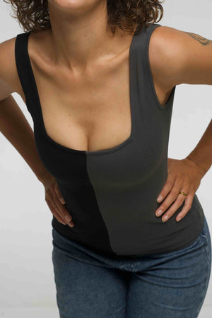 Half and Half New Square Neck Full Length Top in Black/Grey - Manners London