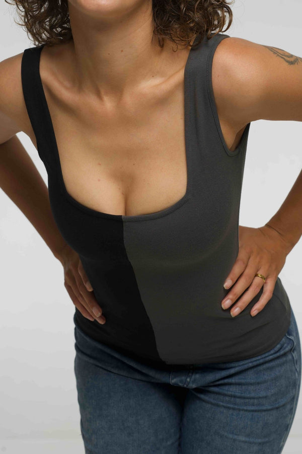 Half and Half New Square Neck Full Length Top in Black/Grey - Manners London