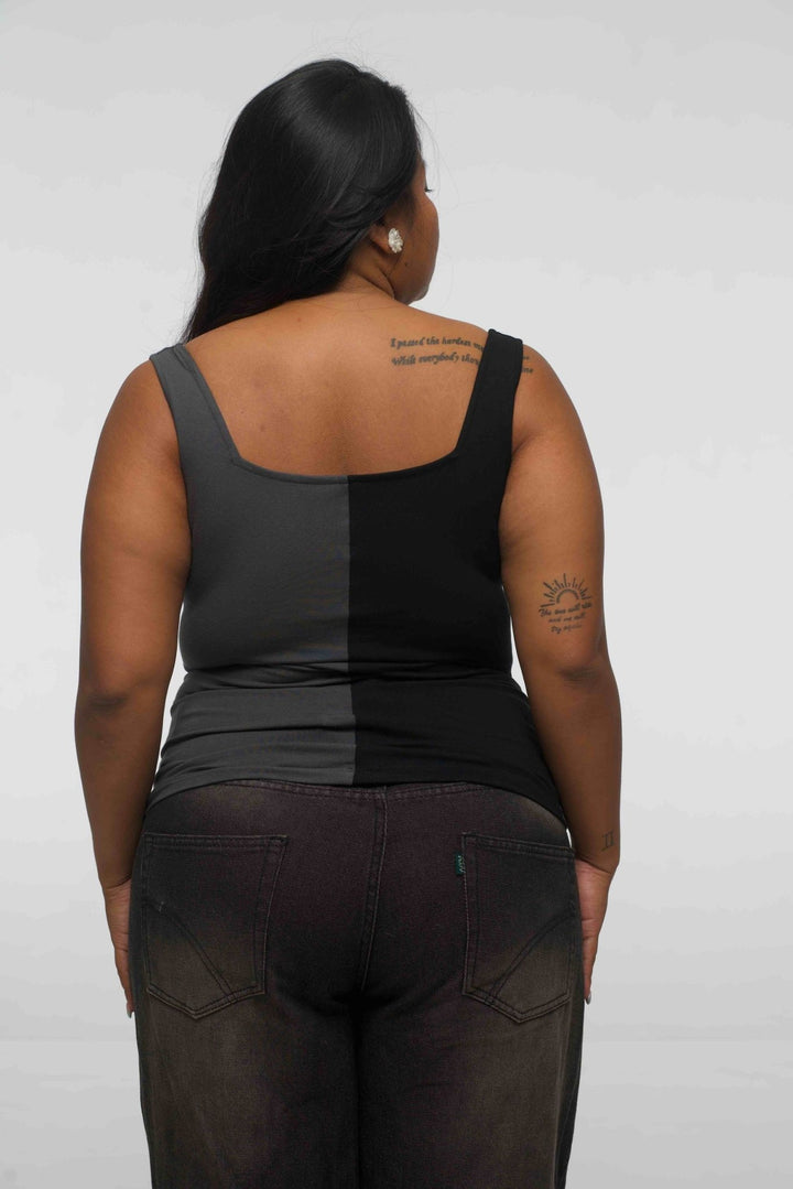Half and Half New Square Neck Full Length Top in Black/Grey - Manners London