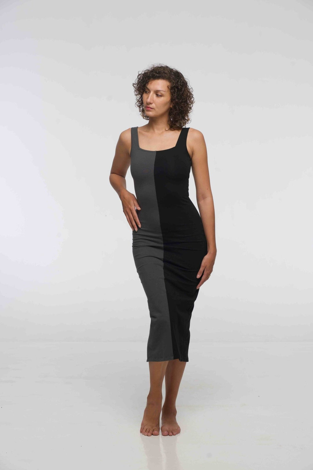 Half and Half Square Neck Midi Dress in Black/Grey - Manners London