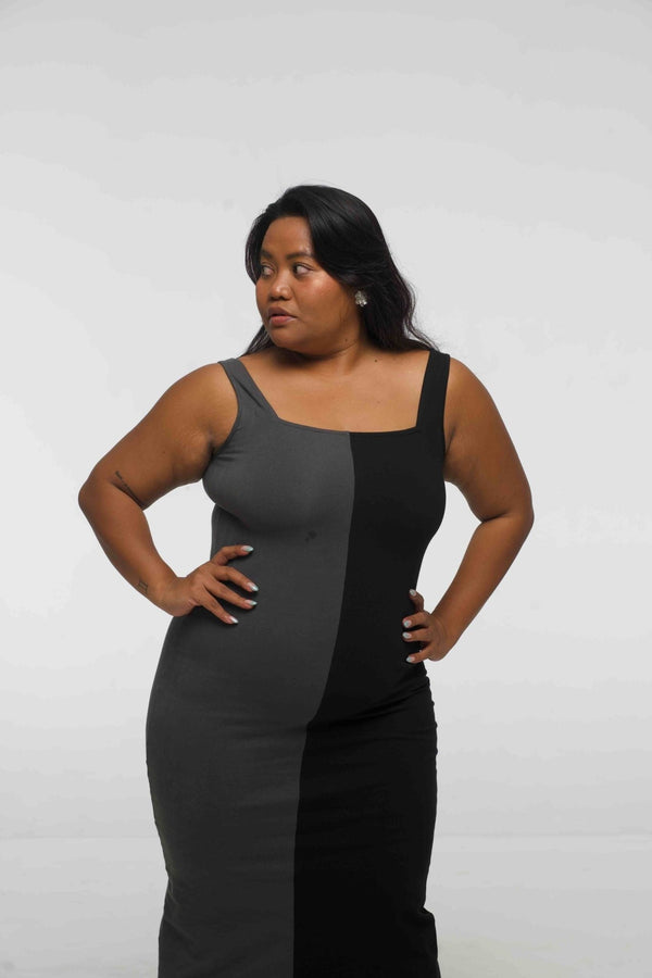 Half and Half Square Neck Midi Dress in Black/Grey - Manners London