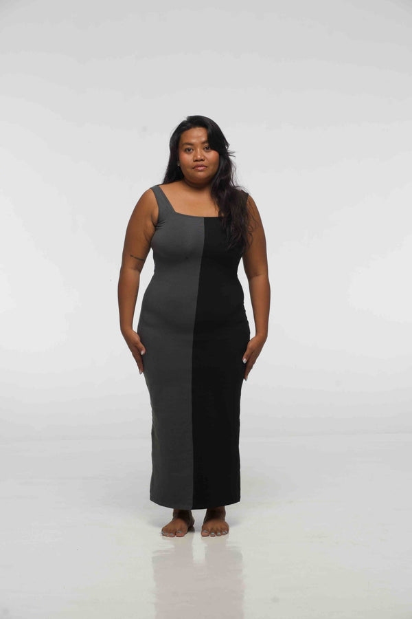 Half and Half Square Neck Midi Dress in Black/Grey - Manners London