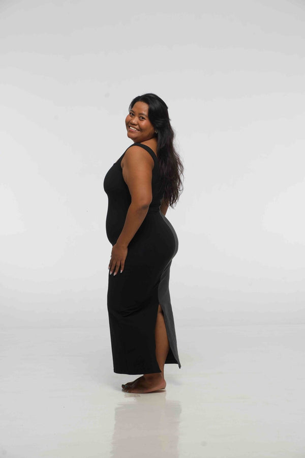 Half and Half Square Neck Midi Dress in Black/Grey - Manners London