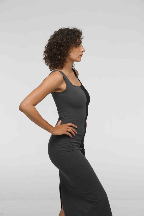 Half and Half Square Neck Midi Dress in Black/Grey - Manners London