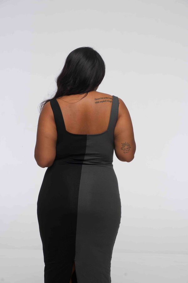 Half and Half Square Neck Midi Dress in Black/Grey - Manners London