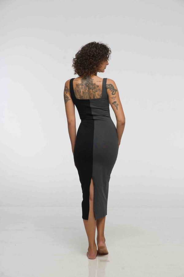 Half and Half Square Neck Midi Dress in Black/Grey - Manners London