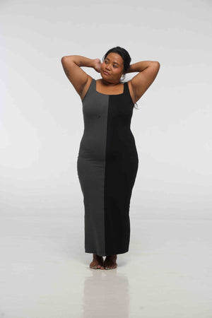 Half and Half Square Neck Midi Dress in Black/Grey - Manners London