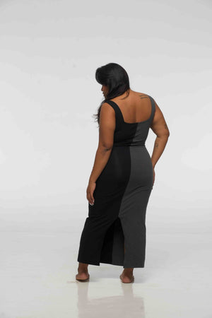 Half and Half Square Neck Midi Dress in Black/Grey - Manners London