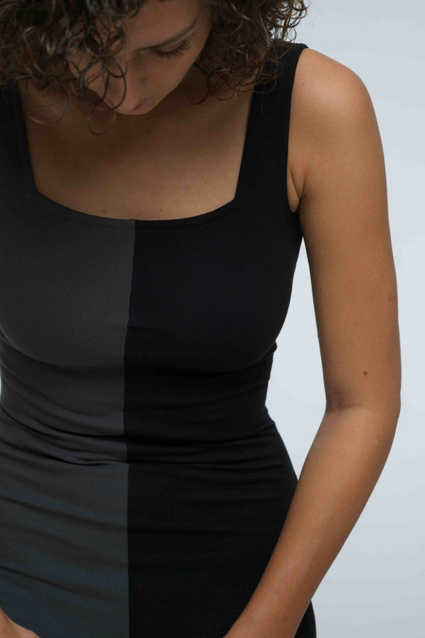 Half and Half Square Neck Midi Dress in Black/Grey - Manners London