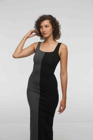 Half and Half Square Neck Midi Dress in Black/Grey - Manners London