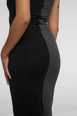 Half and Half Square Neck Midi Dress in Black/Grey - Manners London