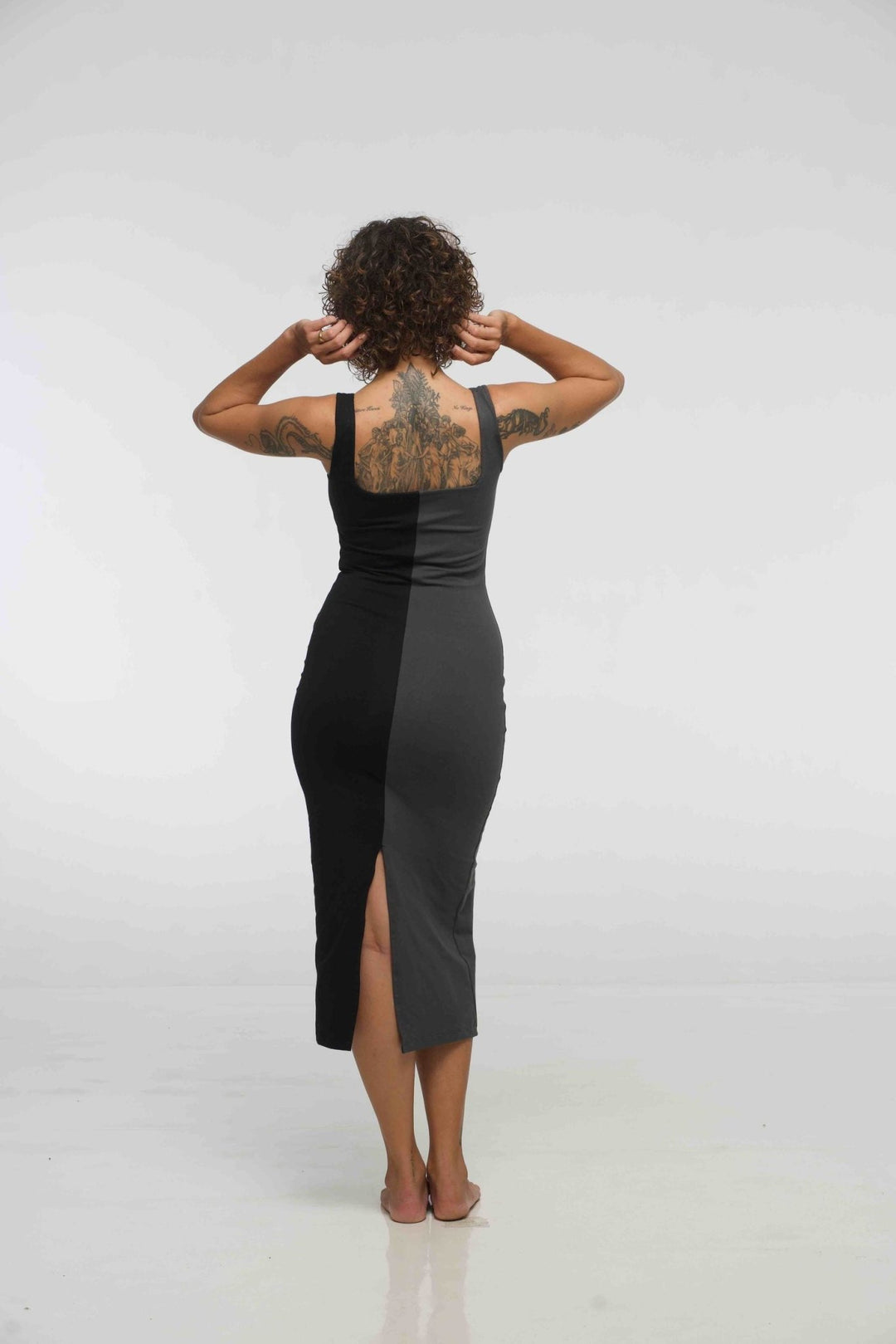 Half and Half Square Neck Midi Dress Petite in Black/Grey - Manners London
