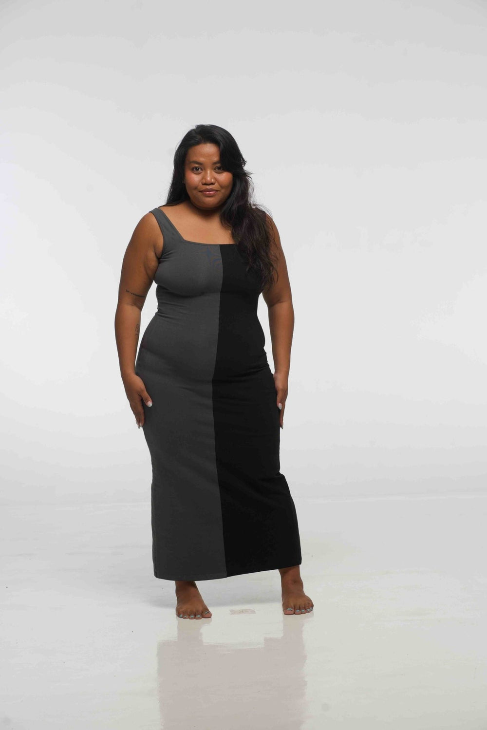 Half and Half Square Neck Midi Dress Petite in Black/Grey - Manners London