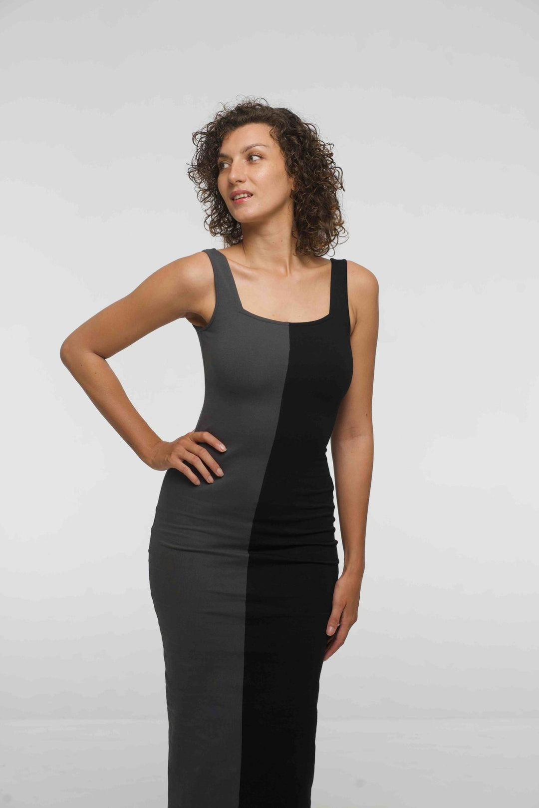 Half and Half Square Neck Midi Dress Petite in Black/Grey - Manners London