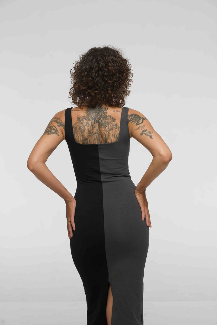 Half and Half Square Neck Midi Dress Petite in Black/Grey - Manners London